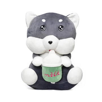 Adorable Grey Puppy Plush Toy with Milk Bottle – Soft Stuffed Animal - KidLiva