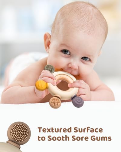 3+ Months Baby Wood & Silicone Teether Toy - KidLiva