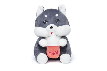 Adorable Grey Puppy Plush Toy with Milk Bottle - KidLiva