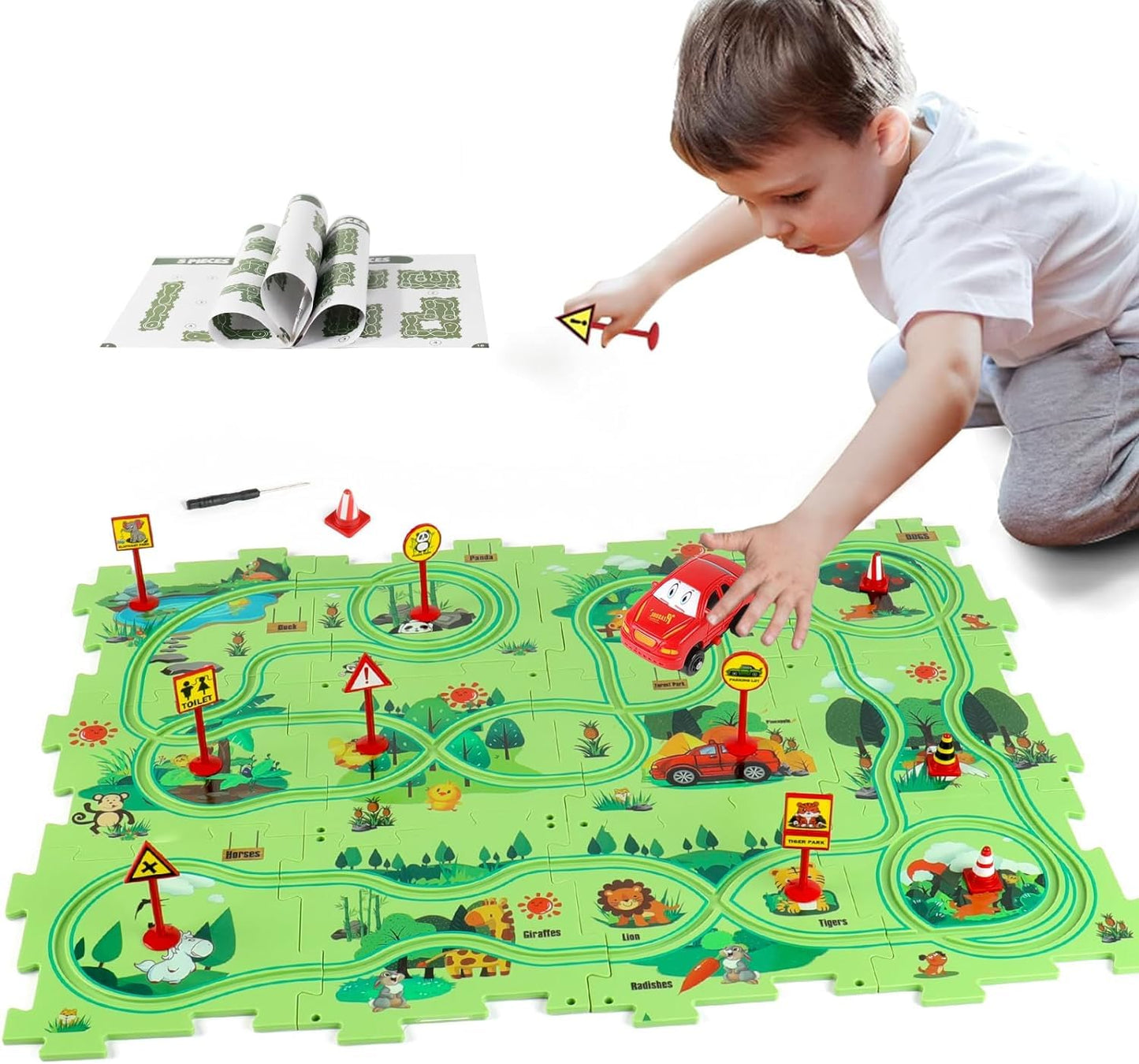 Safari Adventure Road Track Puzzle Play Mat with Toy Car - KidLiva