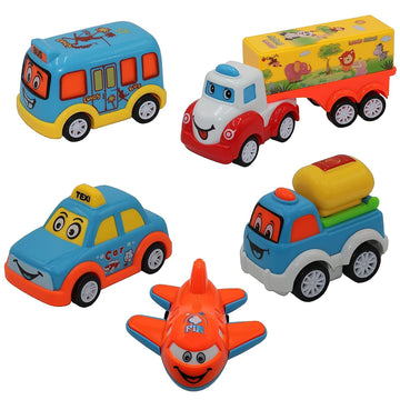Set of 5 Cute Cartoon Vehicles | Push-and-Go Toy - KidLiva