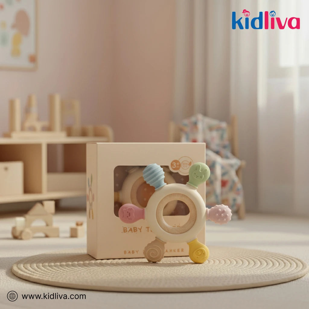 3+ Months Baby Wood & Silicone Teether Toy - KidLiva