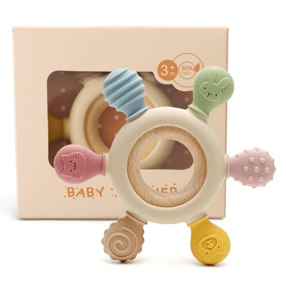 3+ Months Baby Wood & Silicone Teether Toy - KidLiva