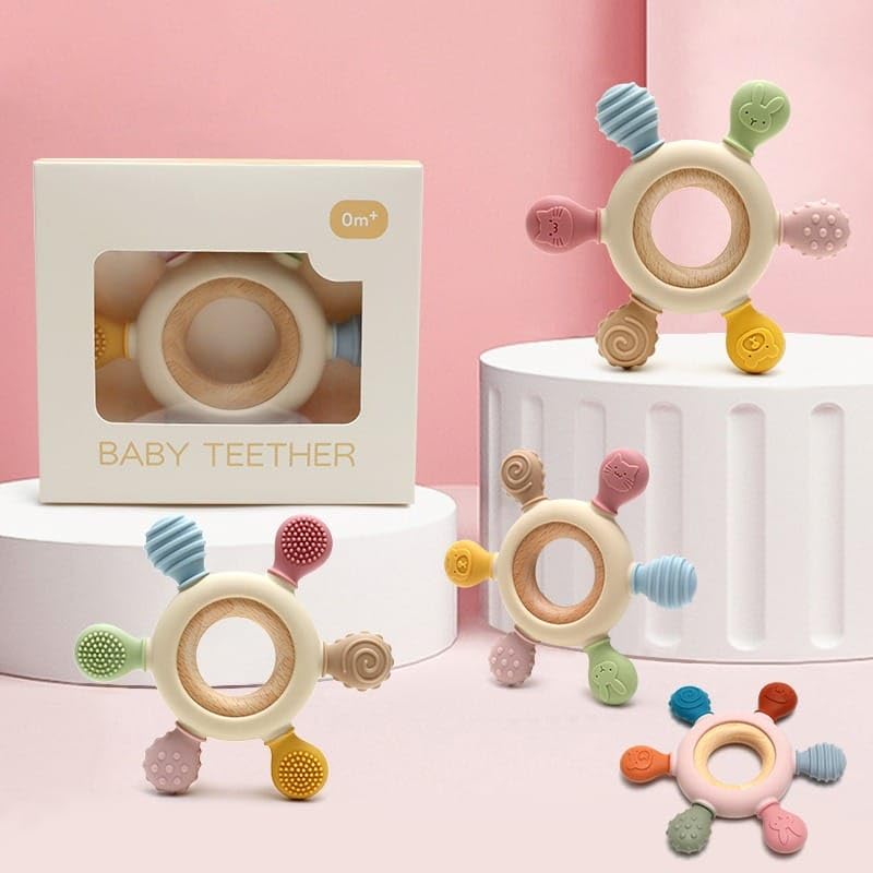 3+ Months Baby Wood & Silicone Teether Toy - KidLiva