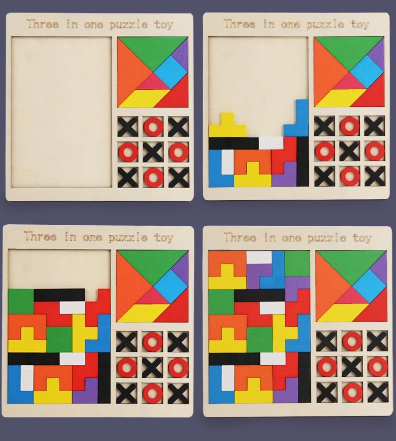 Wooden 3 in 1 Learning & Educational Magnetic Tangrams, Tetris and Rainbow Bridge Pattern Blocks Puzzle Sorter Kids Toy
