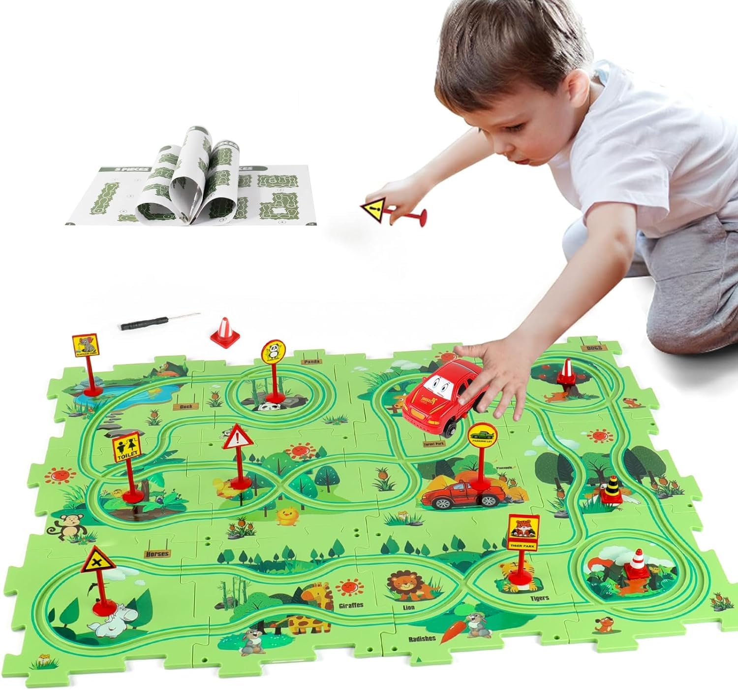 Safari Adventure Road Track Puzzle Play Mat with Toy Car - KidLiva
