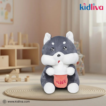 Adorable Grey Puppy Plush Toy with Milk Bottle - KidLiva
