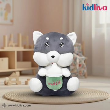 Adorable Grey Puppy Plush Toy with Milk Bottle – Soft Stuffed Animal - KidLiva