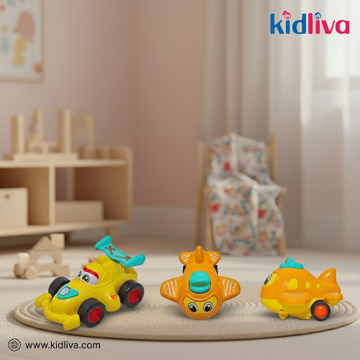 Three colorful toy vehicles on a mat with a child's room in the background, featuring the Kidliva brand.