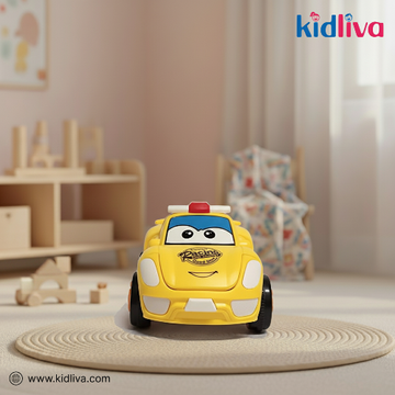 Toy car with a smiling face in a child's room, featuring the Kidliva brand.