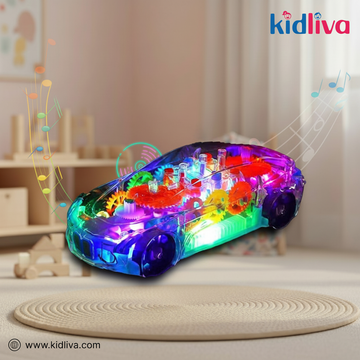 3D Flashing Light & Music Transparent Gear Car Toy - KidLiva