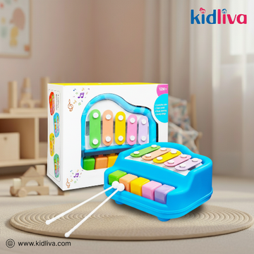 Colorful toy piano with packaging and Kidliva branding in a home setting