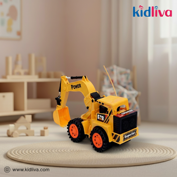 Toy excavator with 'Kidliva' branding in a room setting