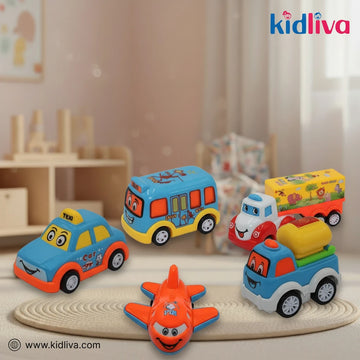 Set of 5 Cute Cartoon Vehicles | Push-and-Go Toy - KidLiva