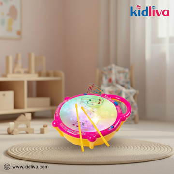 Colorful toy drum with music notes on a round rug in a room with toys and furniture.