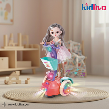 Toy doll with scooter in a room setting, featuring Kidliva branding.