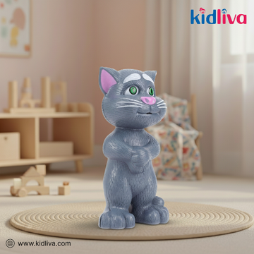 Gray cat figurine with green eyes and pink ears on a round mat in a child's room.